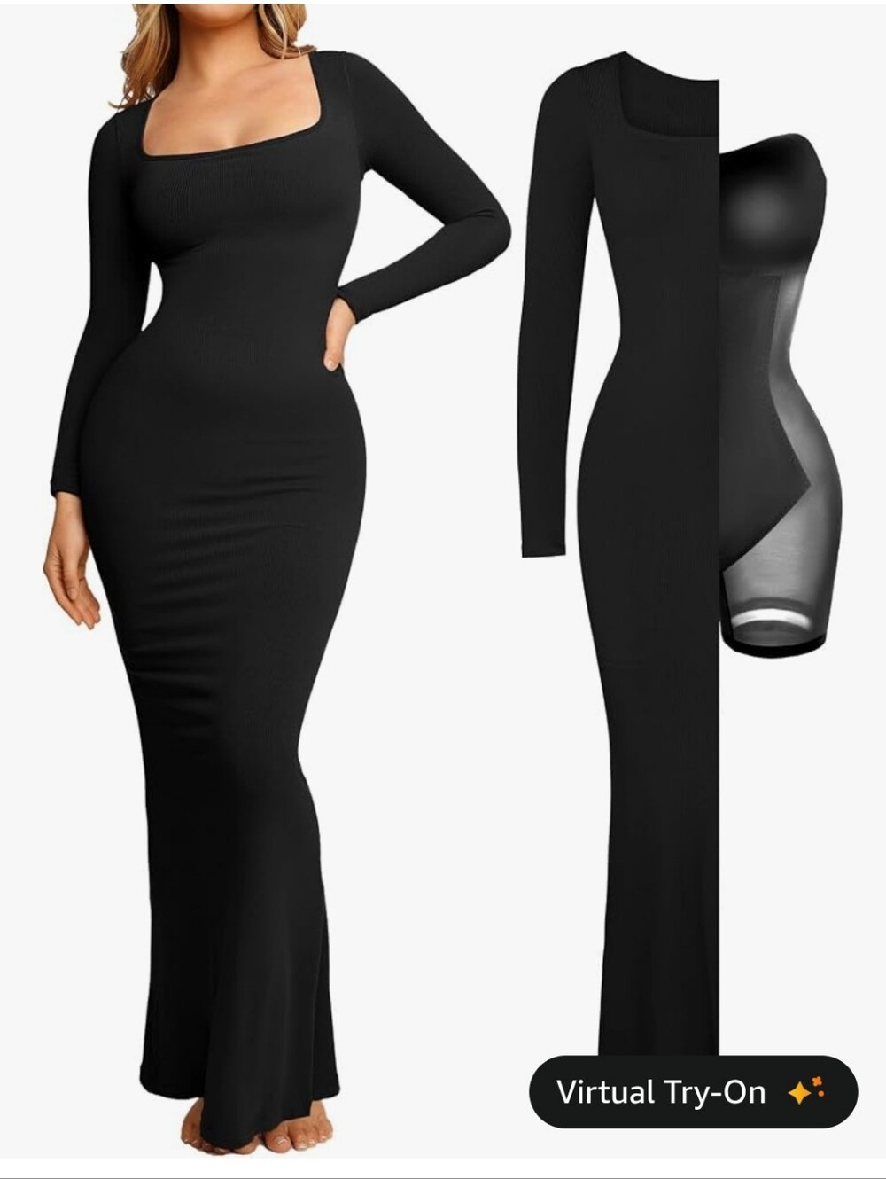 NWT Black Long Sleeve Square Neck Maxi Ribbed Shapewear Dress Popilush Size XL